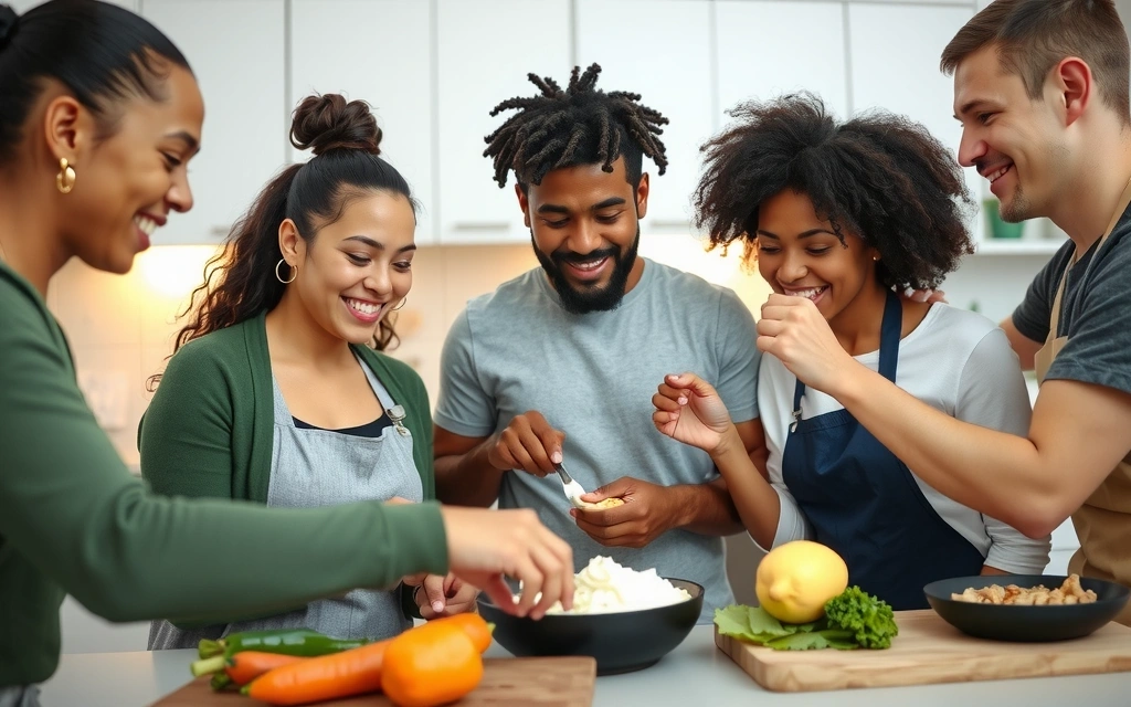 Grupa ludzi wspólnie przygotowująca zdrowy posiłek, uśmiechnięci i zaangażowani.