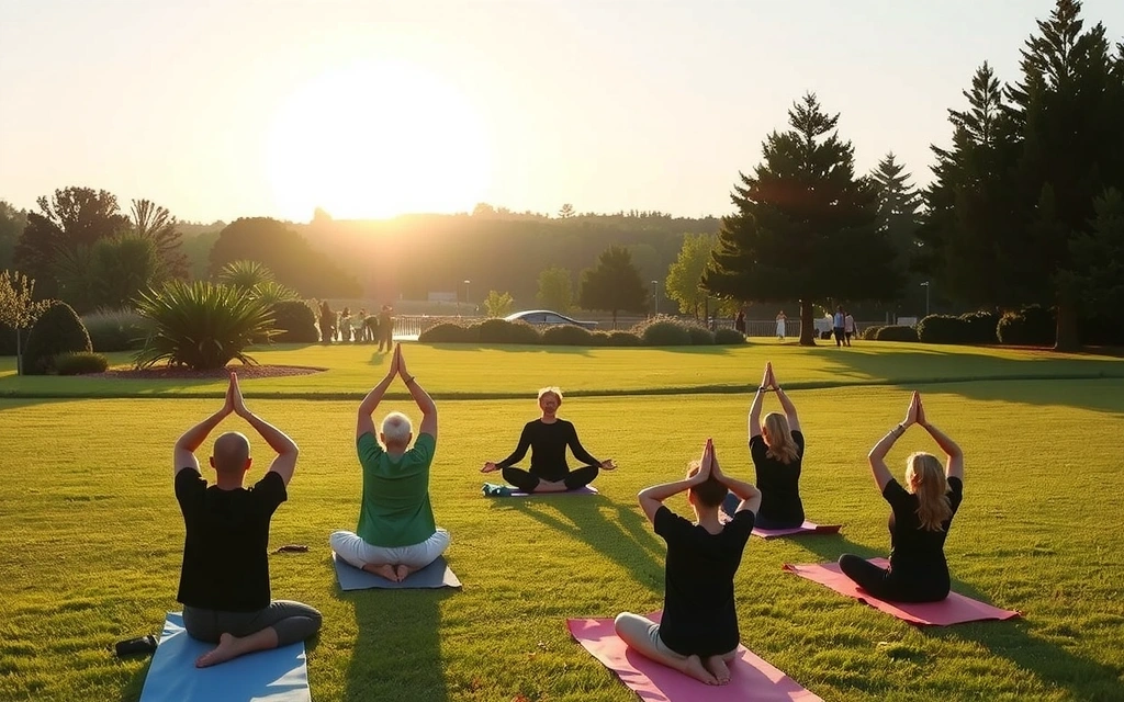 Wizja przyszłości zdrowej społeczności, ludzie ćwiczący jogę na świeżym powietrzu, zieleń, słońce.