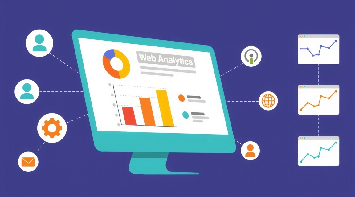 Ilustracja przedstawiająca analizę danych webowych z wykresami, ikonami przeglądarki i symbolami ruchu sieciowego, symbolizująca dane użytkowe.