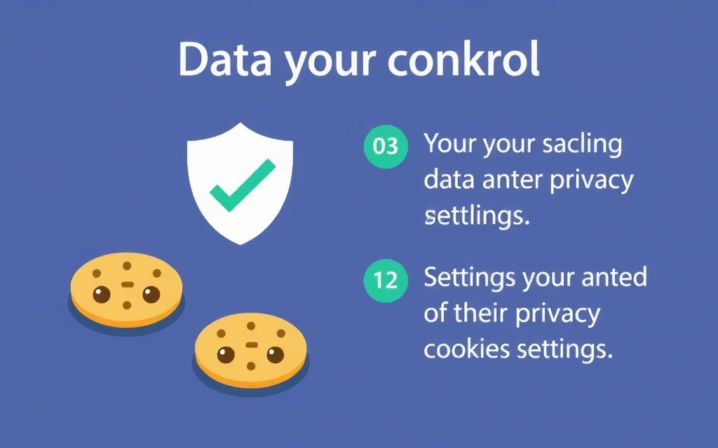 Ilustracja przedstawiająca pliki cookies jako małe ciasteczka cyfrowe, z tarczą ochronną i ikonami ustawień, podkreślająca kontrolę użytkownika nad danymi.