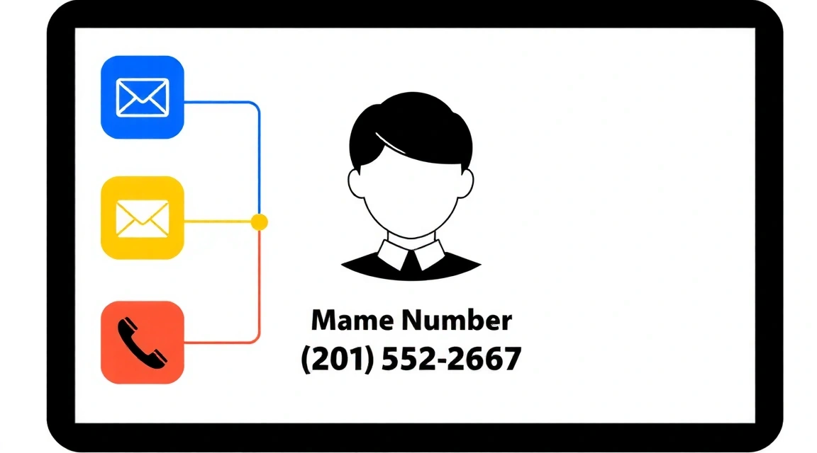 Ilustracja przedstawiająca cyfrowy profil użytkownika z ikonami reprezentującymi imię, nazwisko, e-mail i telefon, symbolizująca dane personalne.