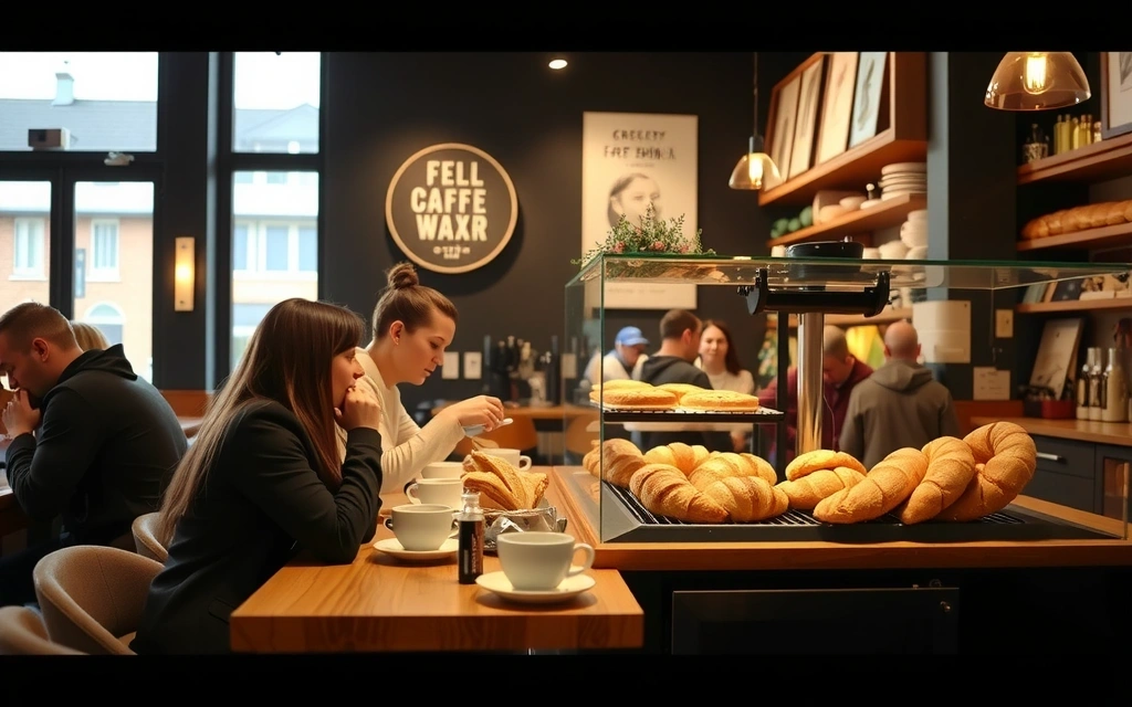 Wnętrze kawiarni z zadowolonymi klientami i świeżym pieczywem na ladzie.