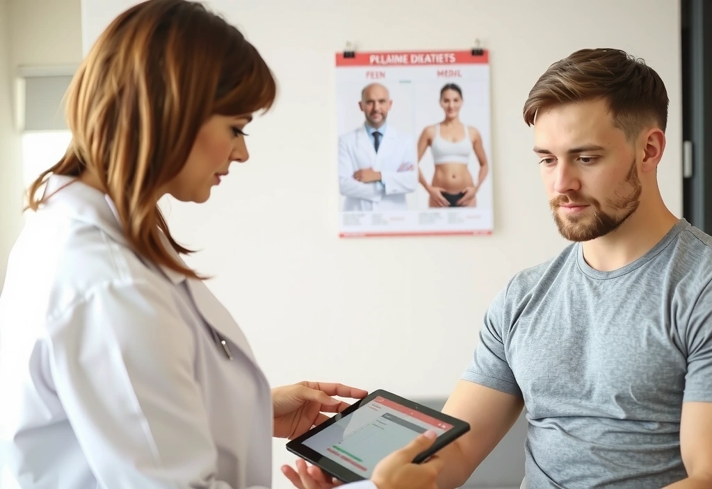 Dietetyk analizujący wyniki badania składu ciała na tablecie z klientem