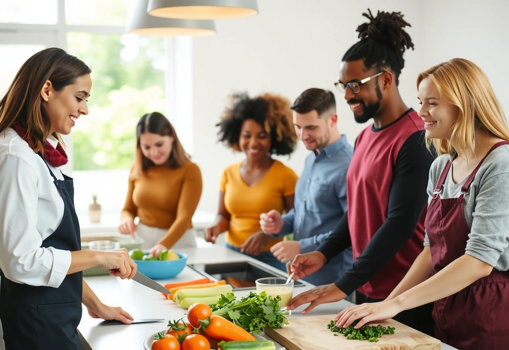 Grupa ludzi uczestniczących w warsztatach kulinarnych o zdrowym odżywianiu